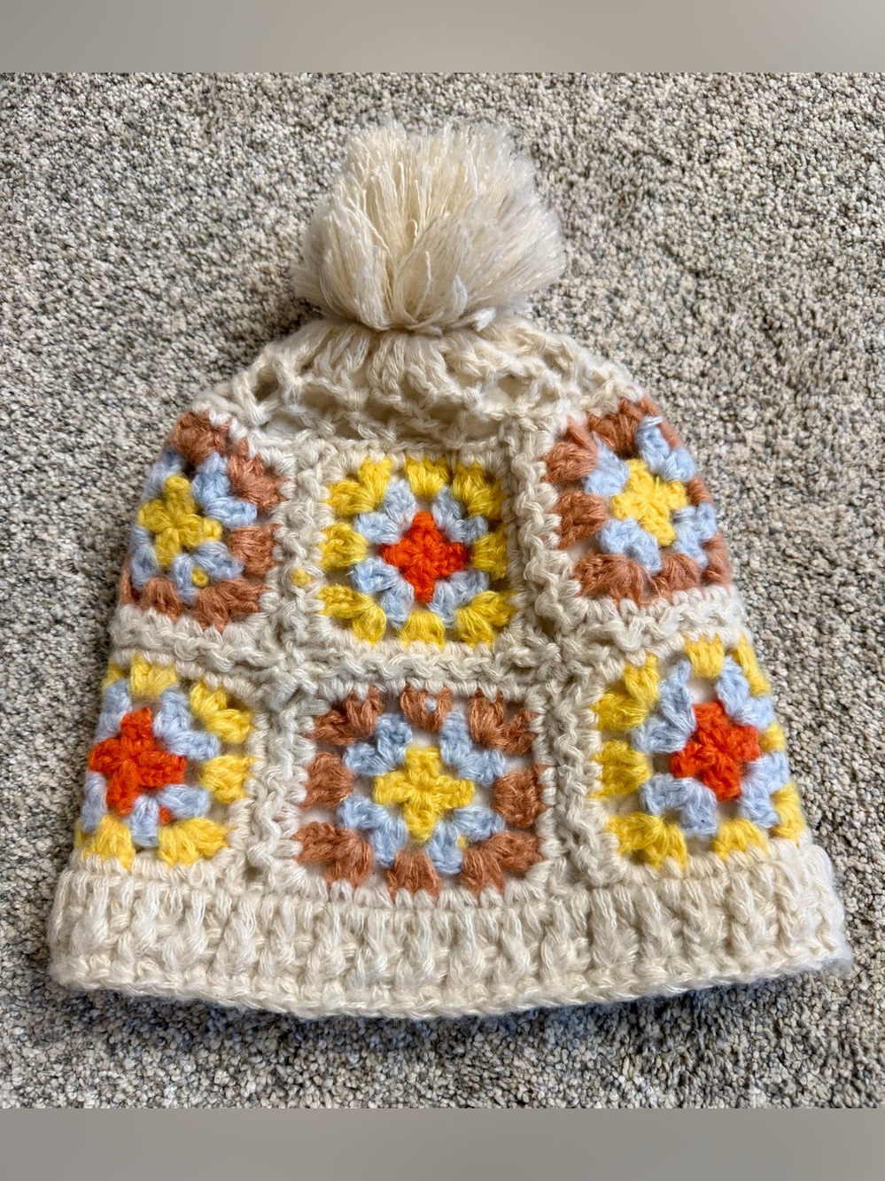 Kids Cream Crochet Pom Beanie with Colorful Squares